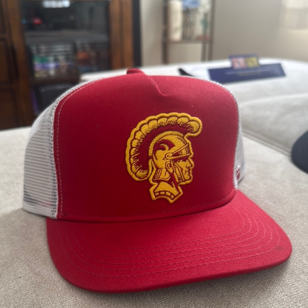 Red and White Trucker Hat with Trojan Logo